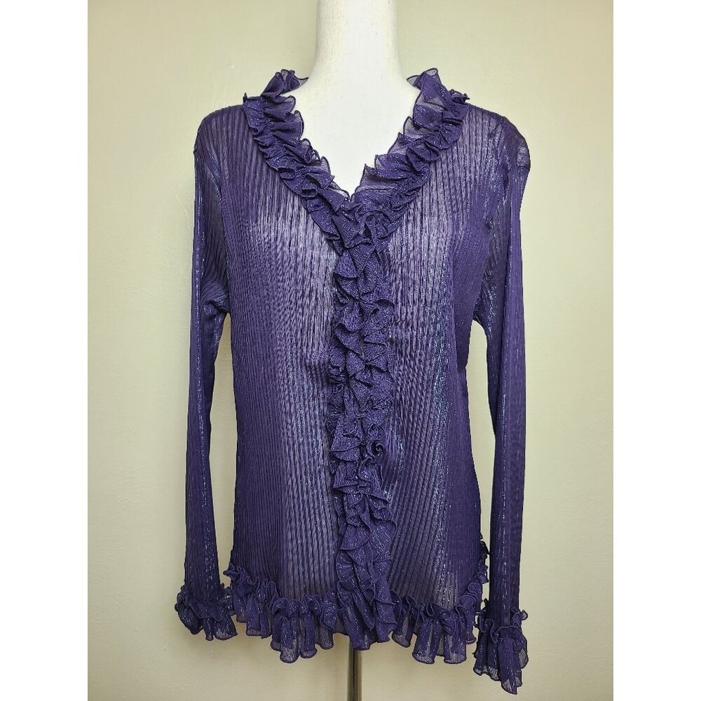 Agora 2X Long Sleeves Top Shirt Blouse Purple Shimmer Size L A265